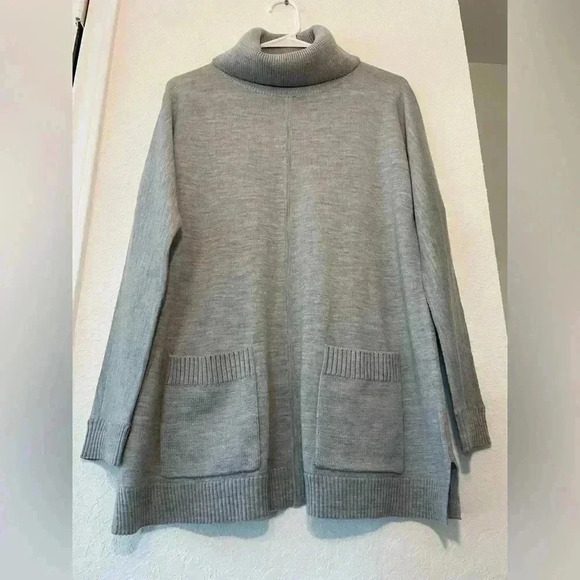 TALBOTS Gray Merino Wool Sweater Turtleneck Pockets Dolman Black Label Small NWT - Picture 2 of 9